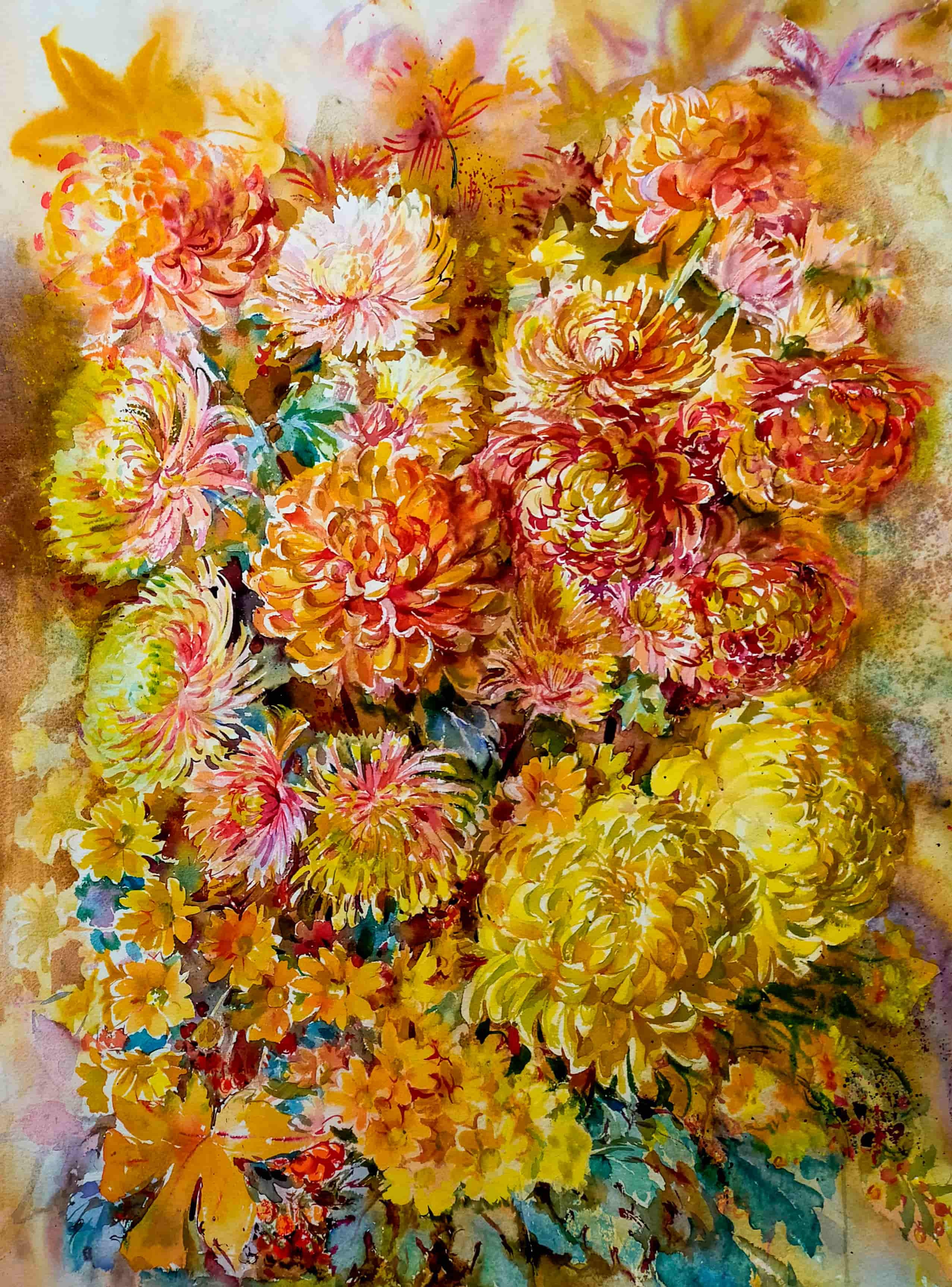 Золотые хризантемы. Свет акварели Галины Поплавской