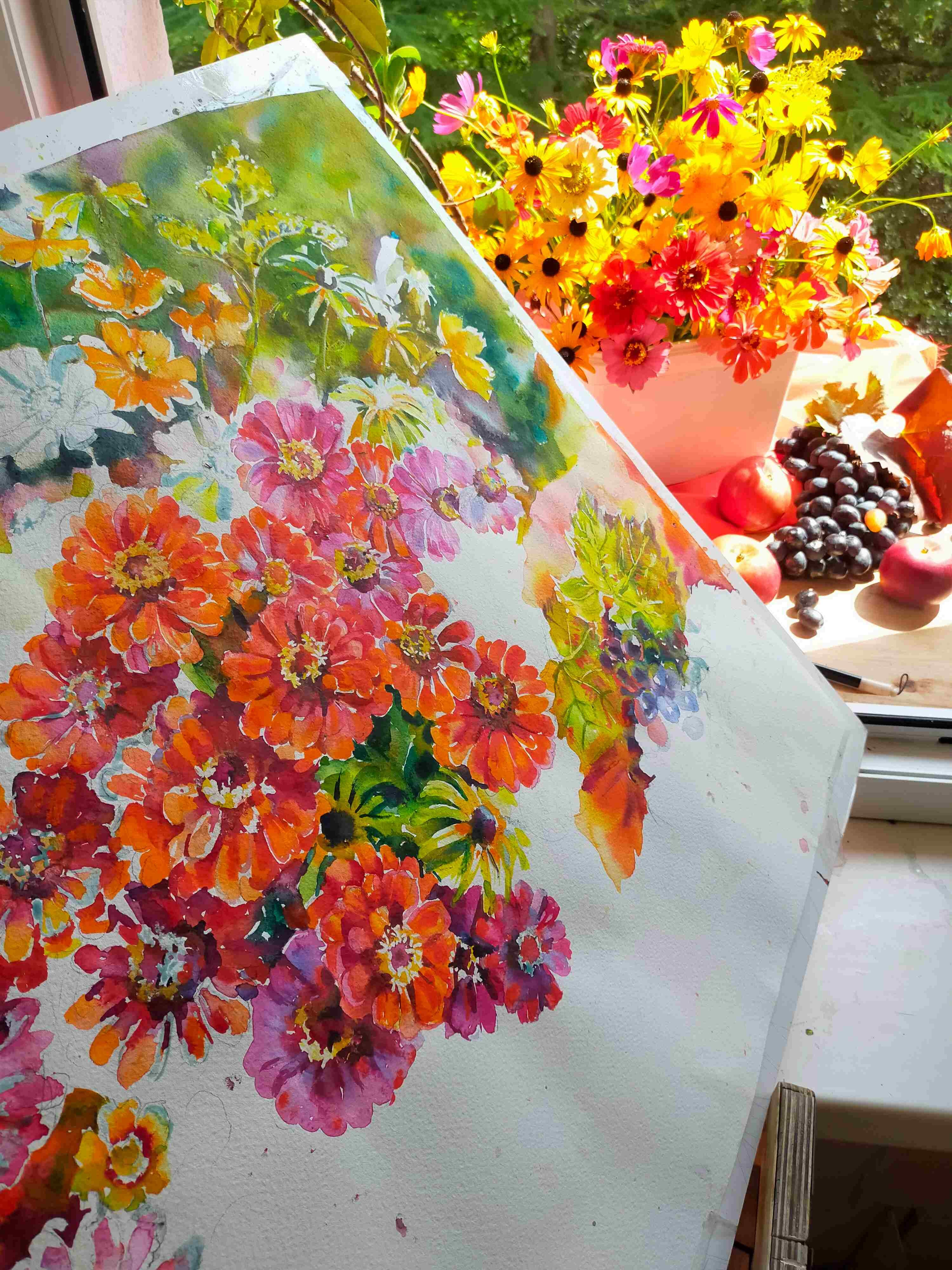 Акварель «Солнечные циннии» художника Галины Поплавской. Свет акварели Галины Поплавской