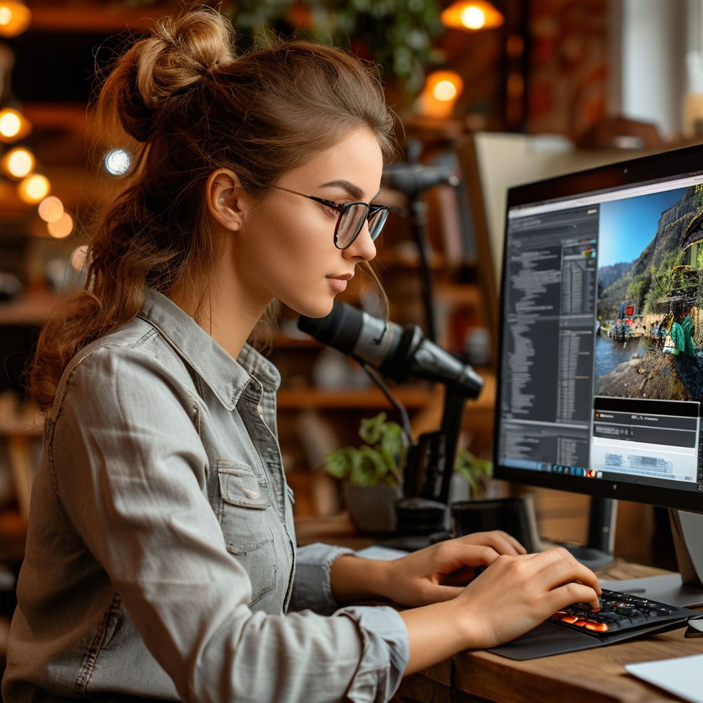 Нейро-сгенерированное изображение, девушка сидит за компьютером и ретуширует