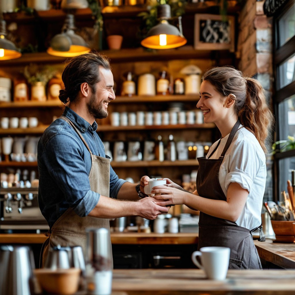 Нейро-сгенерированное изображение кофейни, бариста протягивает кофе посетителю