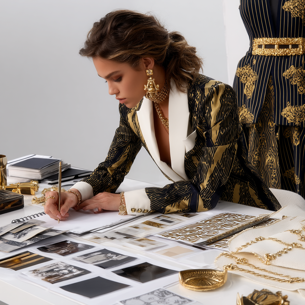 Процесс создания ИИ-персонажа: модель просматривает эскизы, этап разработки уникального цифрового образа для бренда