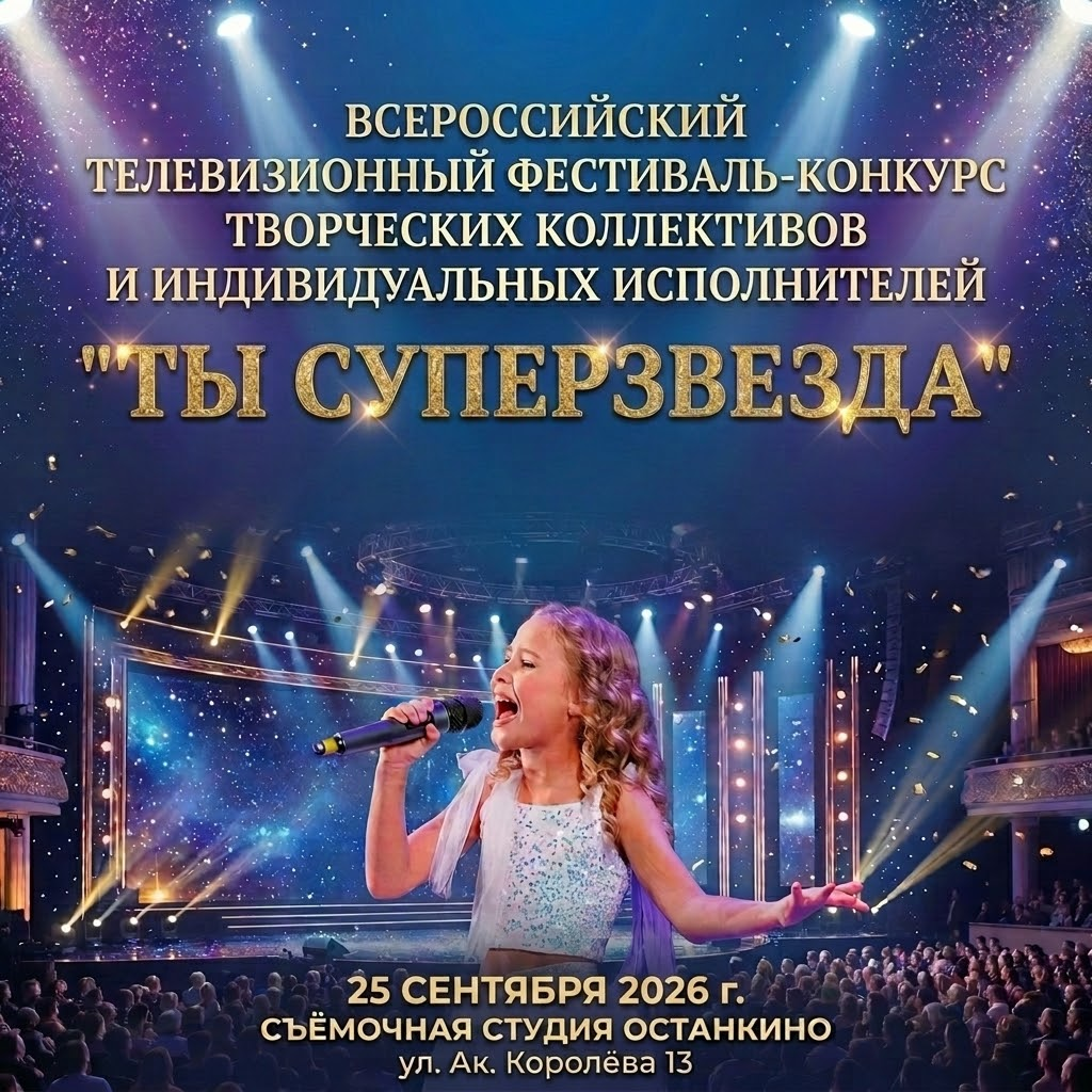 25 сентября 2026 — «Ты суперзвезда». Всероссийский телевизионный фестиваль-конкурс творческих коллективов и индивидуальных исполнителей. Золотые фестивали