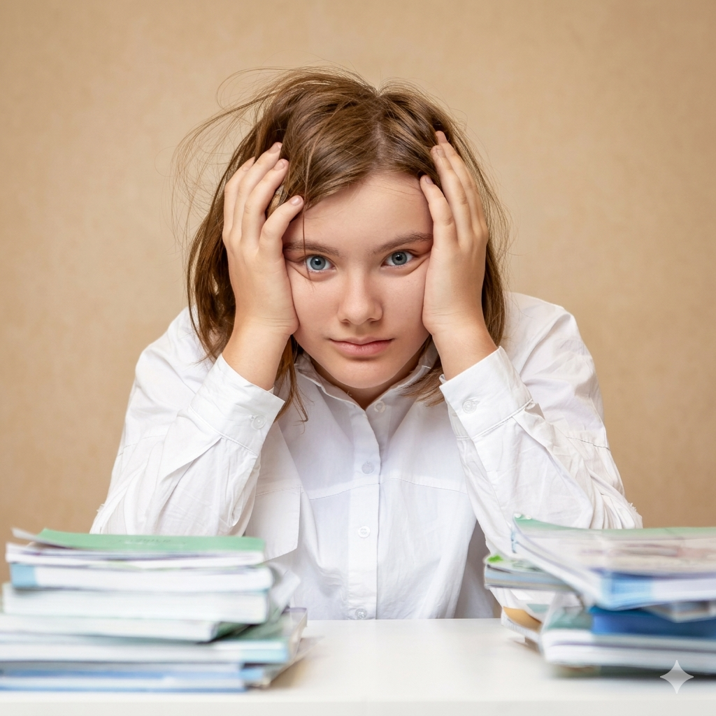 Групповое школьное фото девушек в форме на фоне книжных стеллажей в библиотеке.