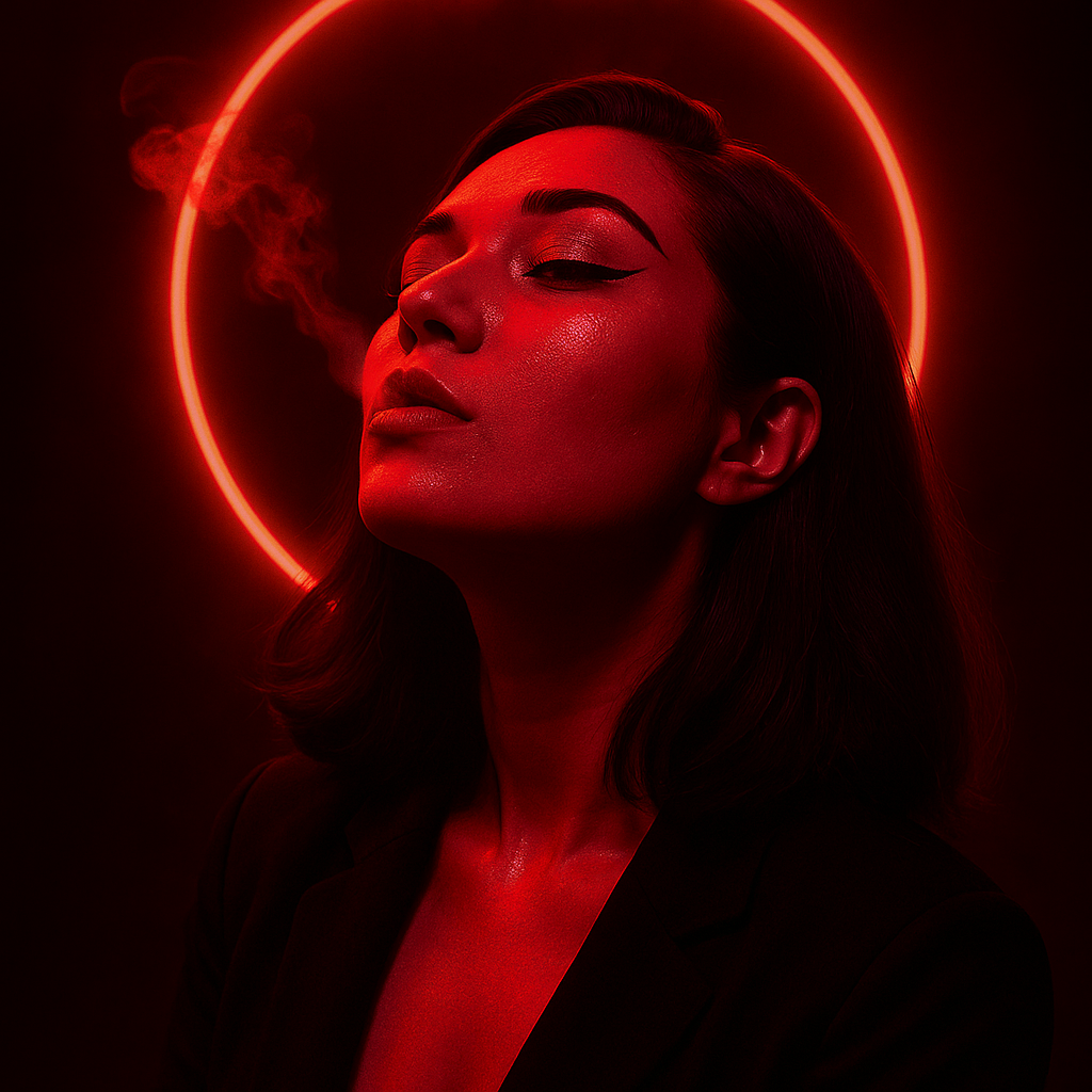 Портрет девушки в красном неоновом свете с сияющим кольцом-ореолом на тёмном фоне