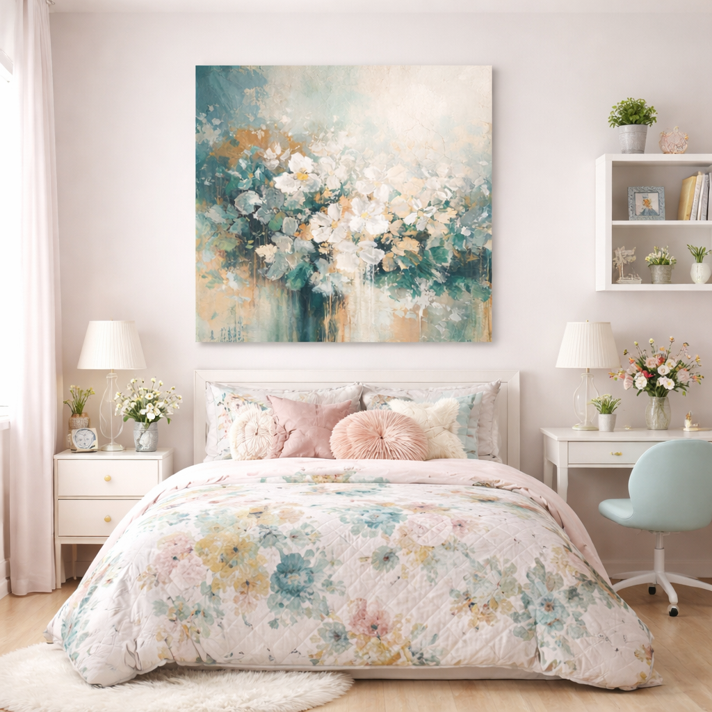 Авторская абстрактная картина в интерьере, современное искусство, дизайнерский декор, уникальная художественная работа. Авторская абстрактная картина «Цветы» в интерьере, художественное полотно с плавными формами и живой фактурой, создающее атмосферу уюта и эстетики.