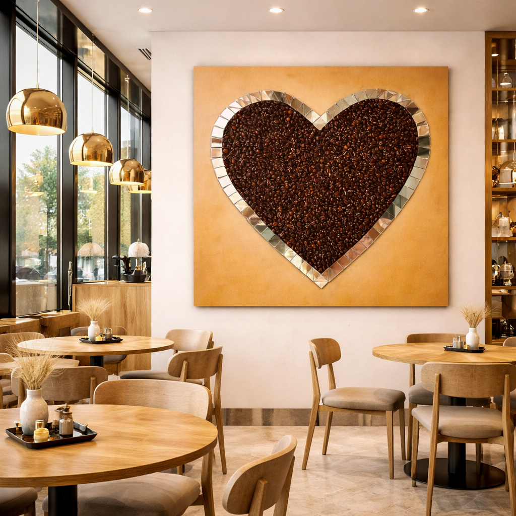 картина кофейное сердце, картина из кофейных зерен, картина для кофейни, кофейный декор, интерьерная картина кофе, coffee wall art, картина сердце, декор кафе, картина для кухни, арт с кофе, купить картину кофе.