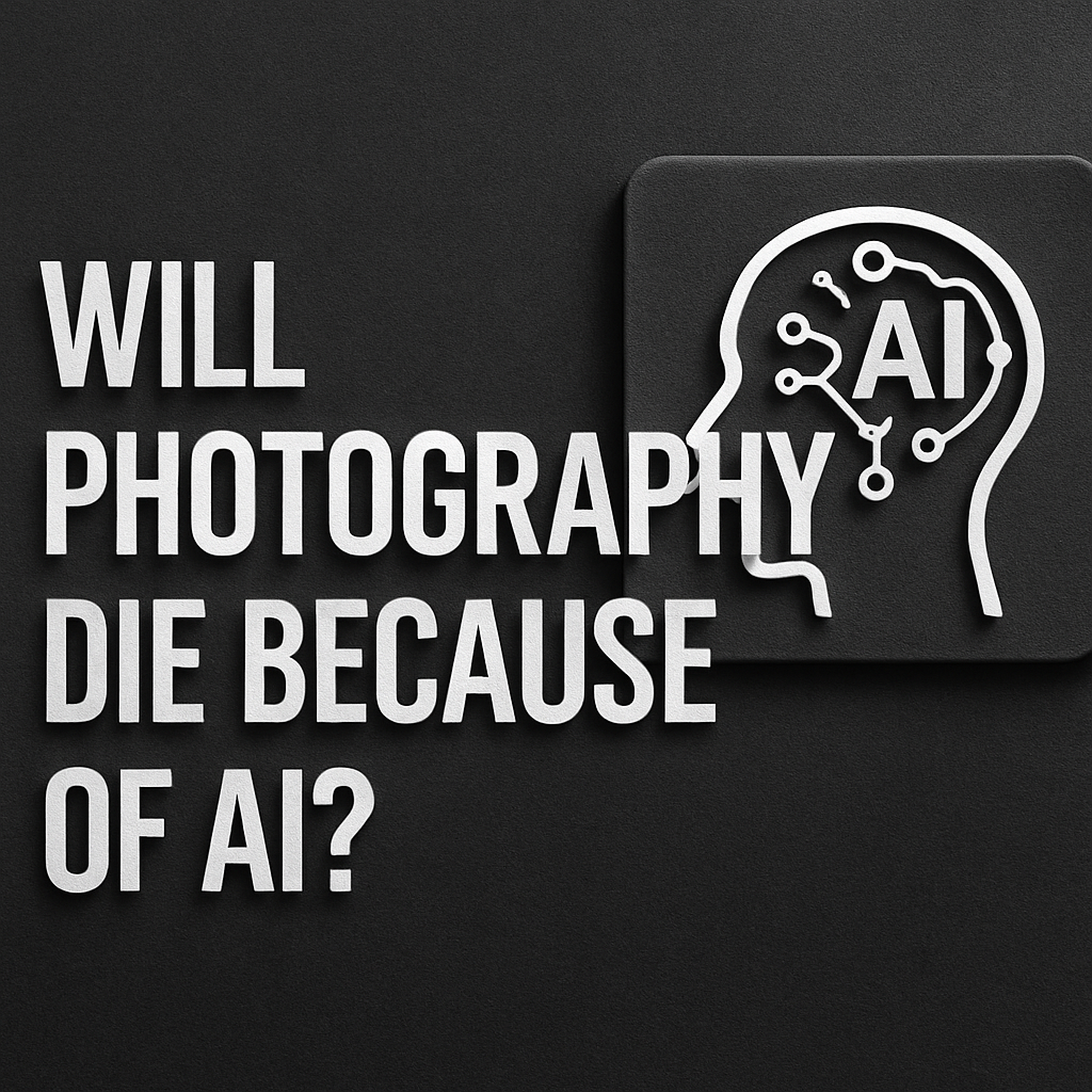 Иллюстрация с текстом Will photography die because of AI? — символ обсуждения влияния нейросетей на фотографию