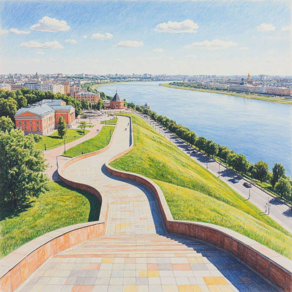 Вид на набережную с извилистой дорожкой, зелёными склонами и широкой рекой. Вдали — город, небо ясное. Атмосфера спокойная.