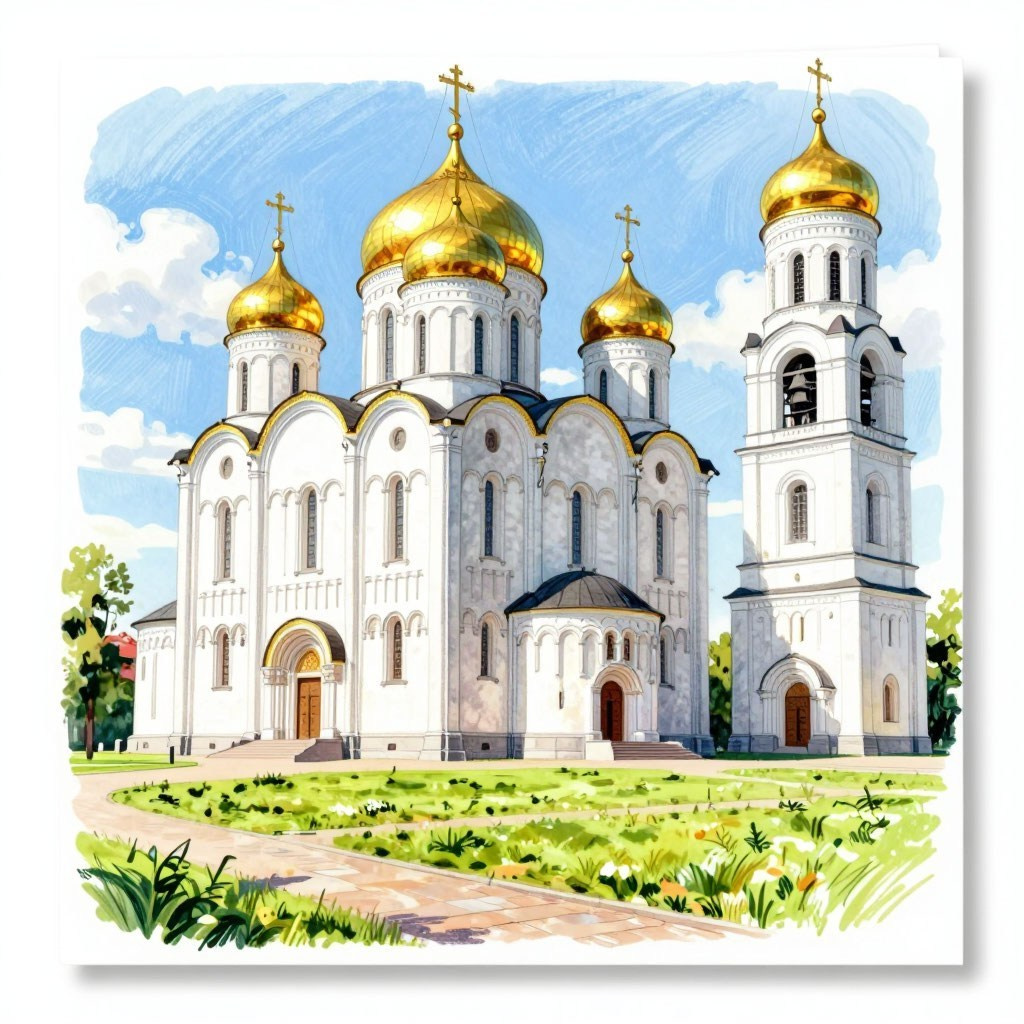 Старинное здание с красным куполом, окружённое зелёными деревьями. Улица пуста, атмосфера спокойная.