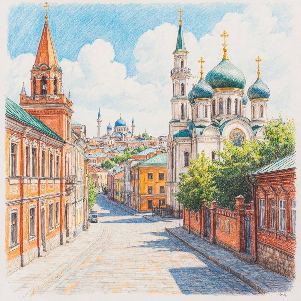 Старинное здание с красным куполом, окружённое зелёными деревьями. Улица пуста, атмосфера спокойная.