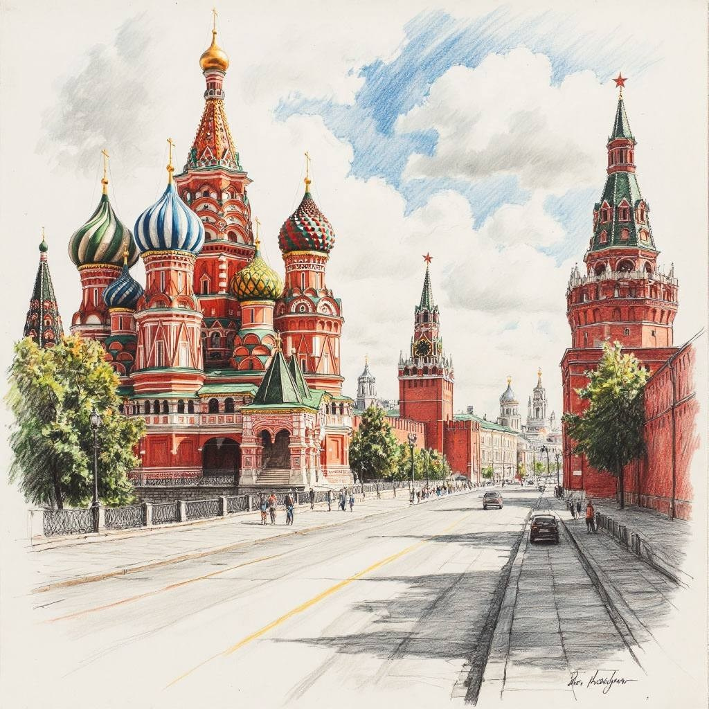 Старинное здание с красным куполом, окружённое зелёными деревьями. Улица пуста, атмосфера спокойная.