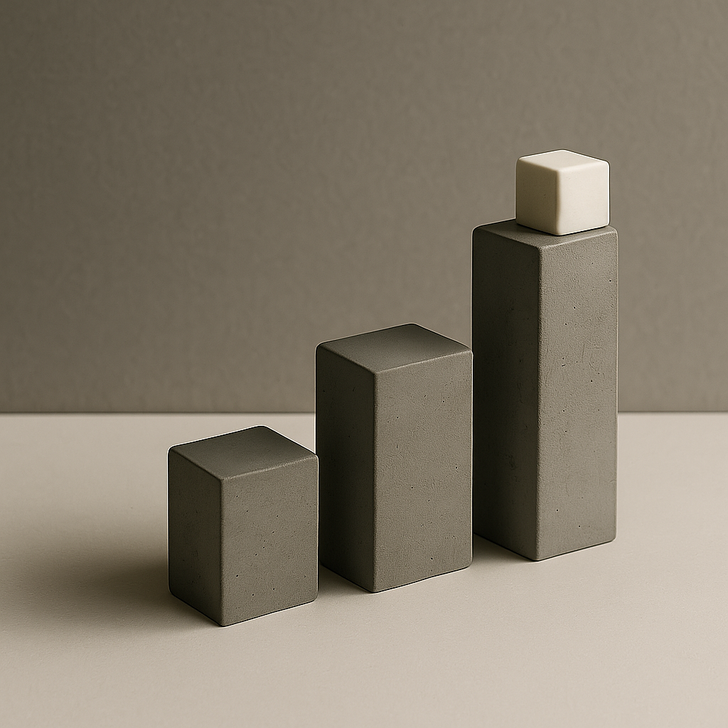 Три предмета разной высоты, стоящие как архитектурная композиция: низ → средний → высокий. Считывается как цельная система