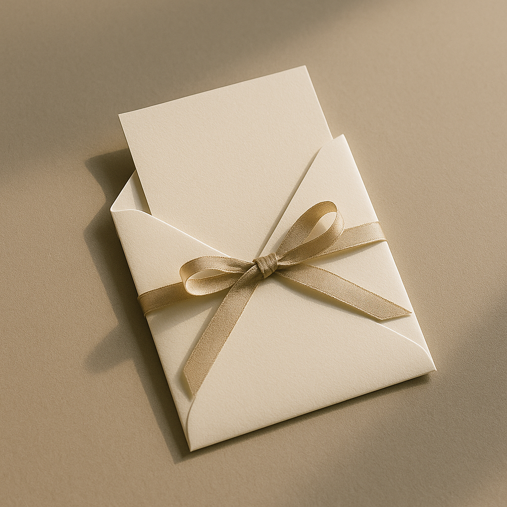 Плоская композиция: из небольшого конверта цвета «ivory», тонкая бежево-золотой ленты и маленькой карточки, которая наполовину выглядывает.