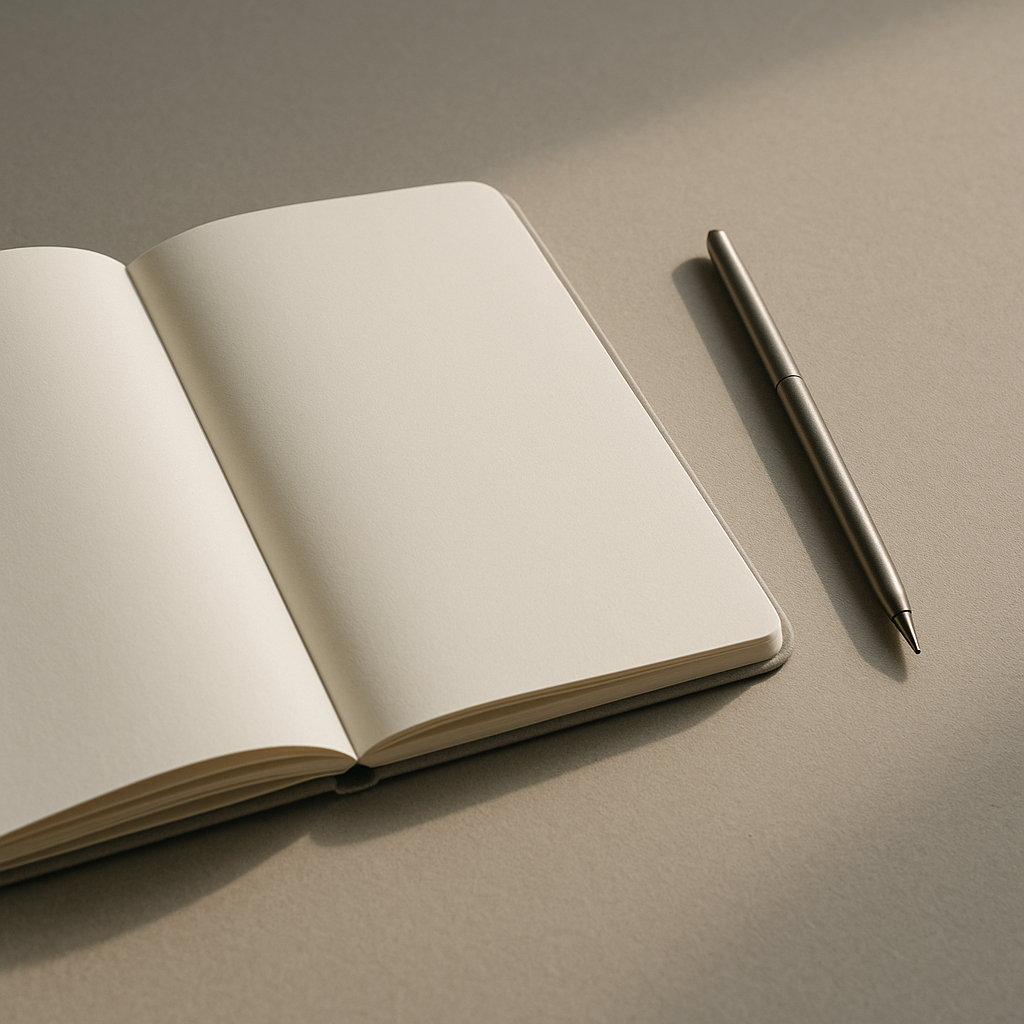 Минималистичный натюрморт с открытым ежедневником на матовой поверхности — символ финансовой базы и первых шагов к стабильно