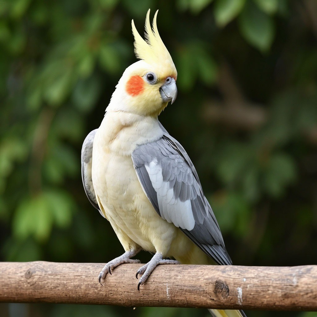 Жёлтая корелла с оранжевыми щёчками на жёрдочке