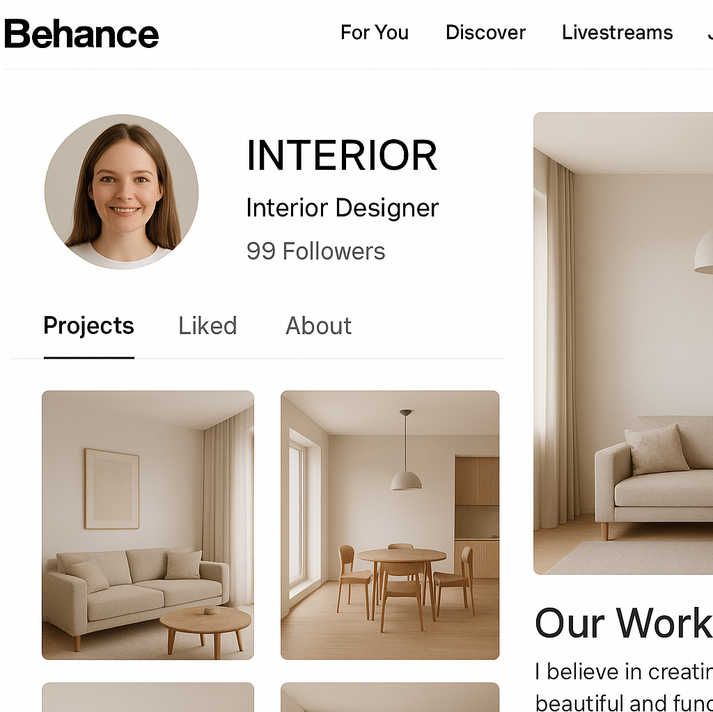 Визуализация страницы дизайнера интерьеров на сайте Behance