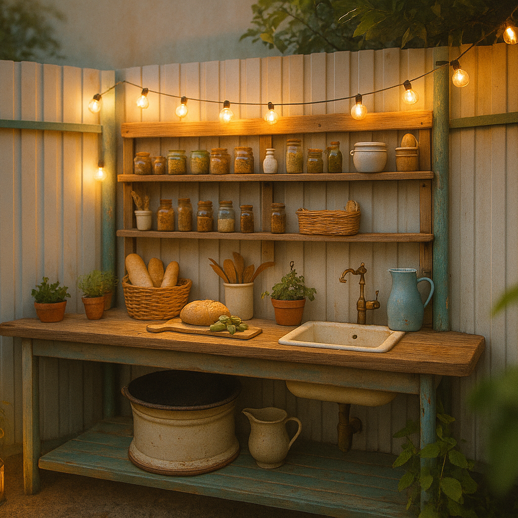 Уютная кухня: деревянная полка с посудой и гирляндой тёплых огней