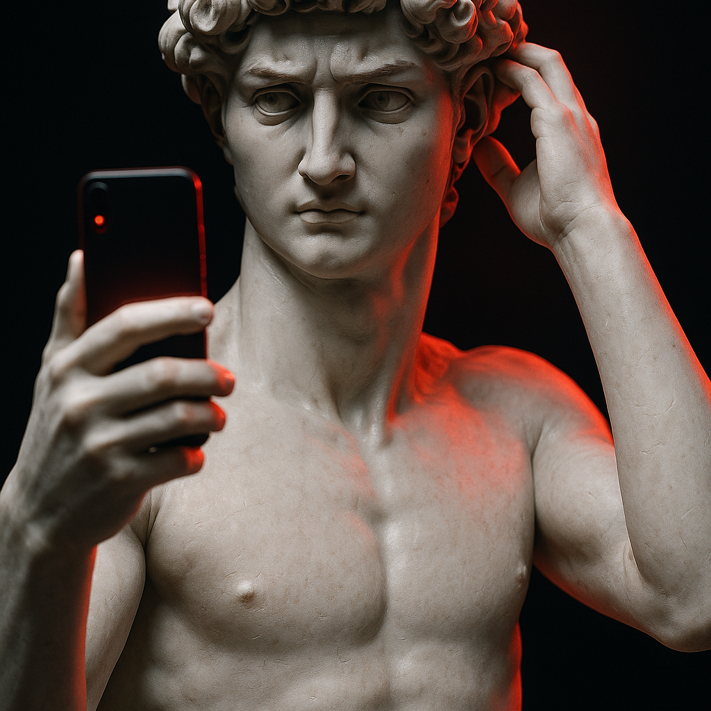 Статуя Давида с телефоном, красный свет на чёрном фоне