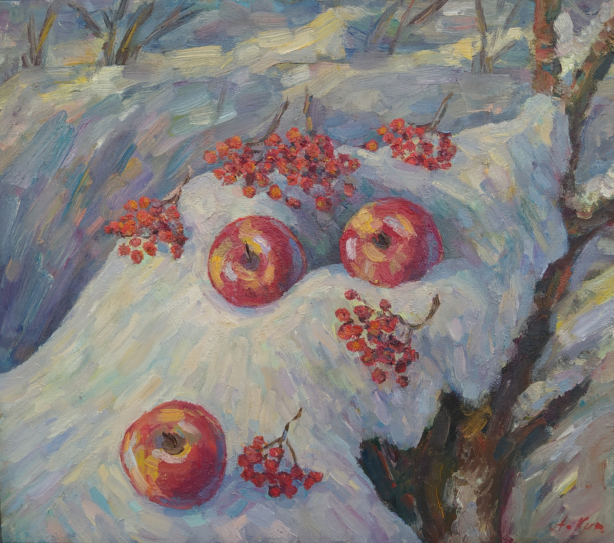 Зимний натюрморт, яблоки на снегу картина маслом