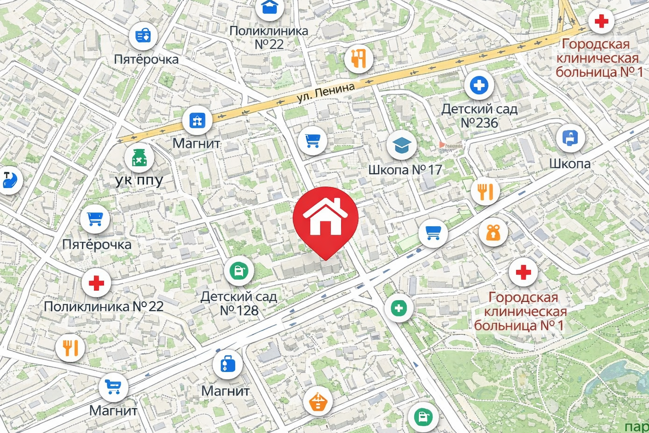 Скриншот яндекс карты с показанной инфраструктурой района