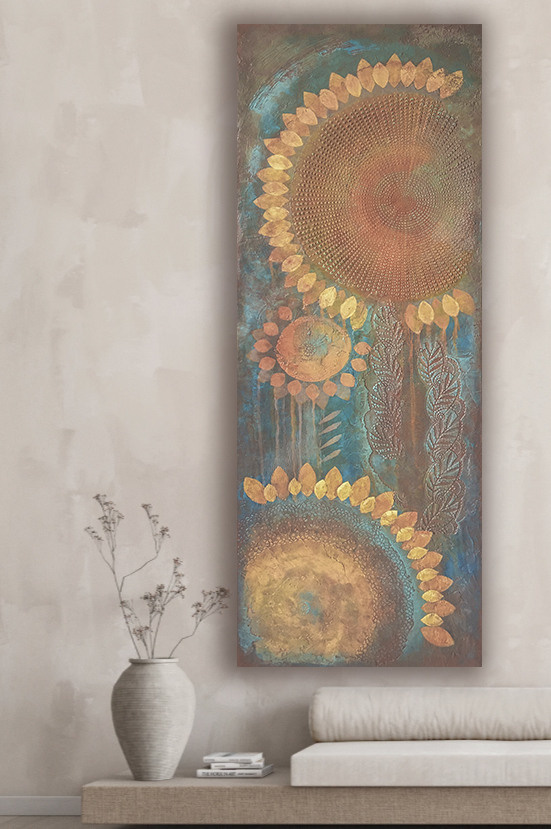 Sunflowers, Acrylic painting on Panel, Size 120x60 cm , ready to hang. 2021