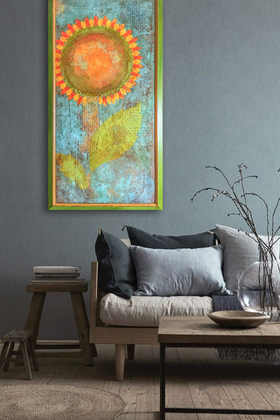 Картина "Подсолнух",размер 132см х 67 см, размер вместе с рамой, тк рама выполнена специально для этой картины из массива дерева и расписана в тон картины. Акрил на панели, 2021 г.