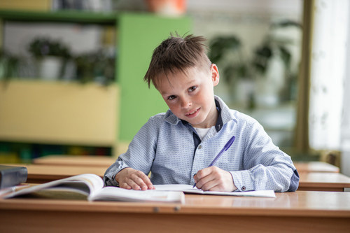 Школьная фотография пишет что-то в тетрадь в классе. Спасск-Дальний
