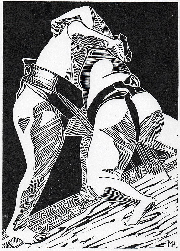 Серия линогравюр Grand Sumo Highlights  по мотивам турниров сумо. Авторская линогравюра, ручная печать на бумаге Ватман Гознак. 大相撲