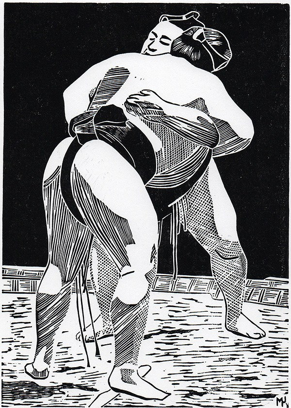 Серия линогравюр Grand Sumo Highlights  по мотивам турниров сумо. Авторская линогравюра, ручная печать на бумаге Ватман Гознак. 大相撲