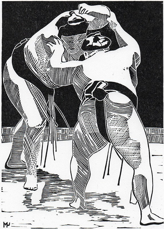 Серия линогравюр Grand Sumo Highlights  по мотивам турниров сумо. Авторская линогравюра, ручная печать на бумаге Ватман Гознак. 大相撲