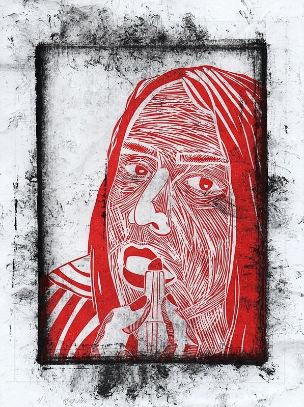 Автопортрет в старом зеркале. Авторская линогравюра на бумаге Ватман Гознак.