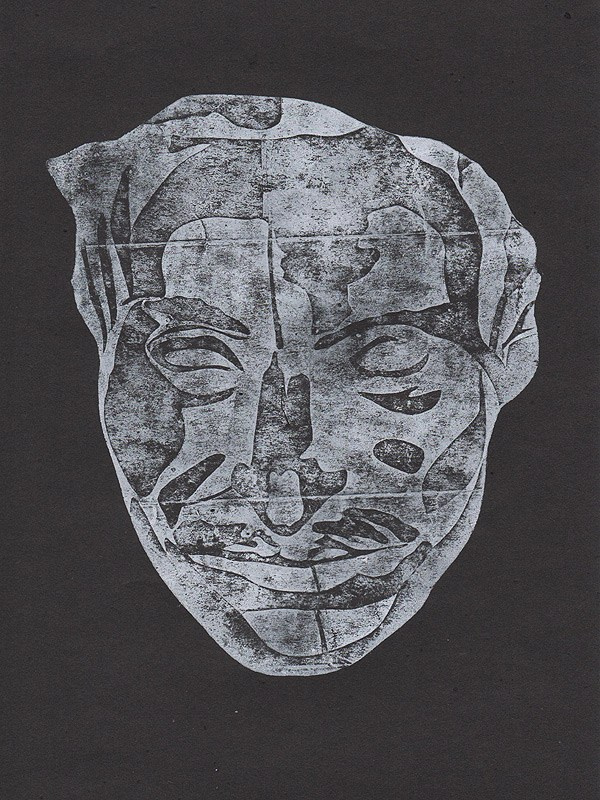 Авторская гравюра на тетрапаке посмертная маска Н.В.Гоголя, ручная печать.