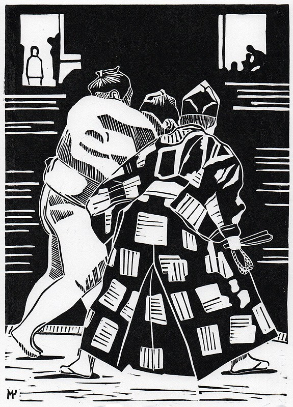 Серия линогравюр Grand Sumo Highlights  по мотивам турниров сумо. Авторская линогравюра, ручная печать на бумаге Ватман Гознак. 大相撲