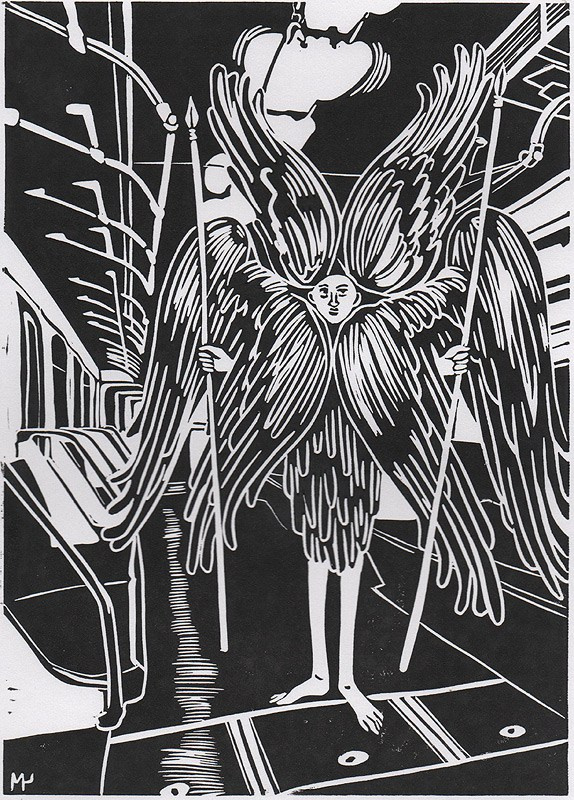 Авторская линогравюра с изображением шестикрылого серафима в вагоне метрополитена. Отпечаток на бумаге Ватман Гознак. 