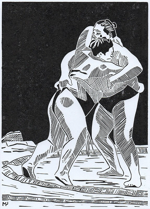 Серия линогравюр Grand Sumo Highlights  по мотивам турниров сумо. Авторская линогравюра, ручная печать на бумаге Ватман Гознак. 大相撲