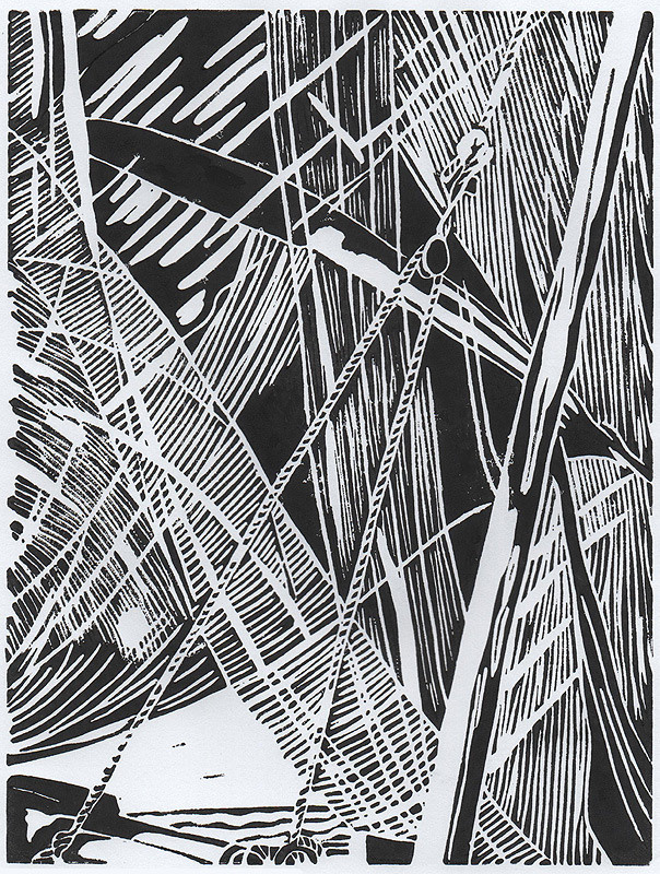 Авторская линогравюра с изображением парусов на бумаге Ватман Гознак.