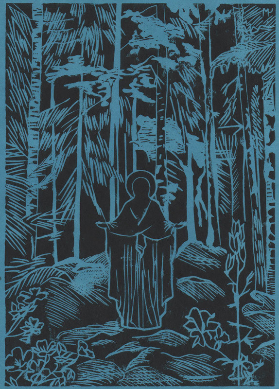 Авторская линогравюра на винтажной цветной бумаге советских времен. Явление Богородицы в лесу.