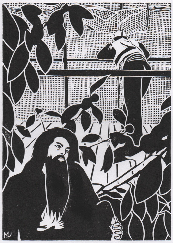 Авторская линогравюра на бумаге Ватман Гознак посвящается всем, кто пережил капитальный ремонт дома. В работе использован персонаж фильма "Граф Монте-Кристо (Le Comte de Monte-Cristo)", роль которого исполнил Жан Маре.