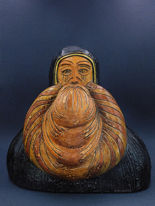 Керамическая скульптура Преподобного Максима Грека на основе иконографического изображения, авторская керамика ручной работы.