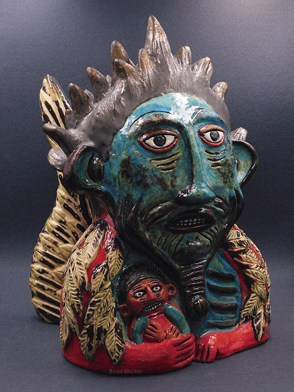 Керамическая скульптура Загробная участь Иуды по мотивам миниатюр из Цветника 18 века. Иуда скрежещет зубами в аду, восседая на коленях у своего отца-дьявола. Авторская керамика, полностью ручная работа.