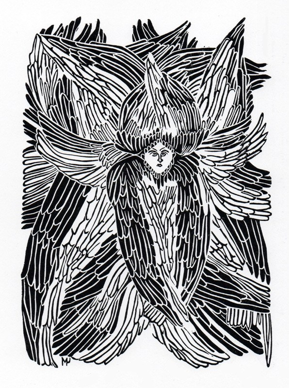 Авторская линогравюра на бумаге Ватман Гознак с вариативным изображением многокрылого серафима.