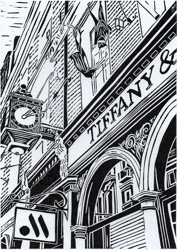 Авторская линогравюра на бумаге Ватман Гознак. По мотивам фильма "Завтрак у Тиффани" (Breakfast at Tiffany's, 1961) с Одри Хепберн.