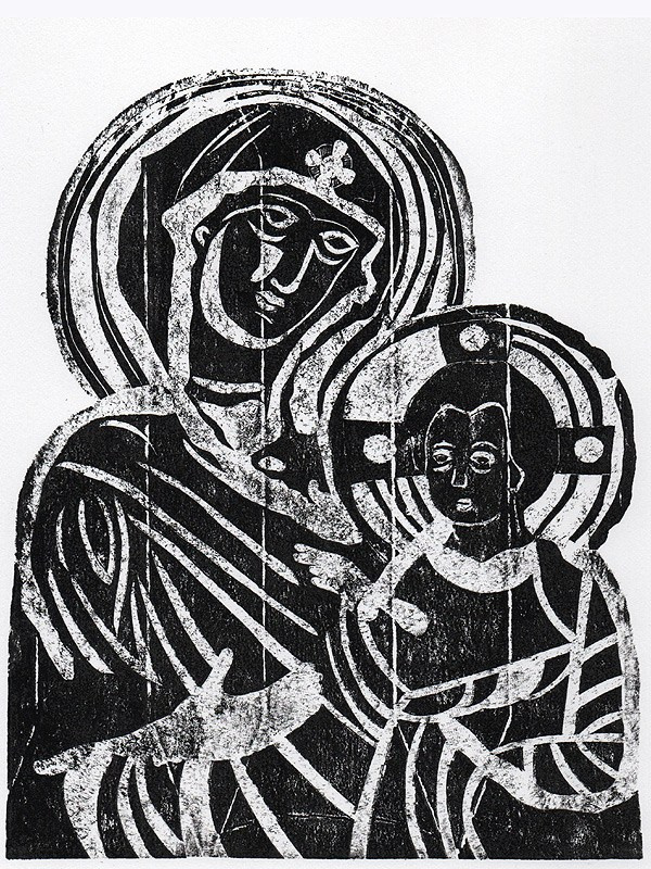 Авторская гравюра на тетрапаке Богородица с младенцем, ручная печать на бумаге Ватман Гознак.