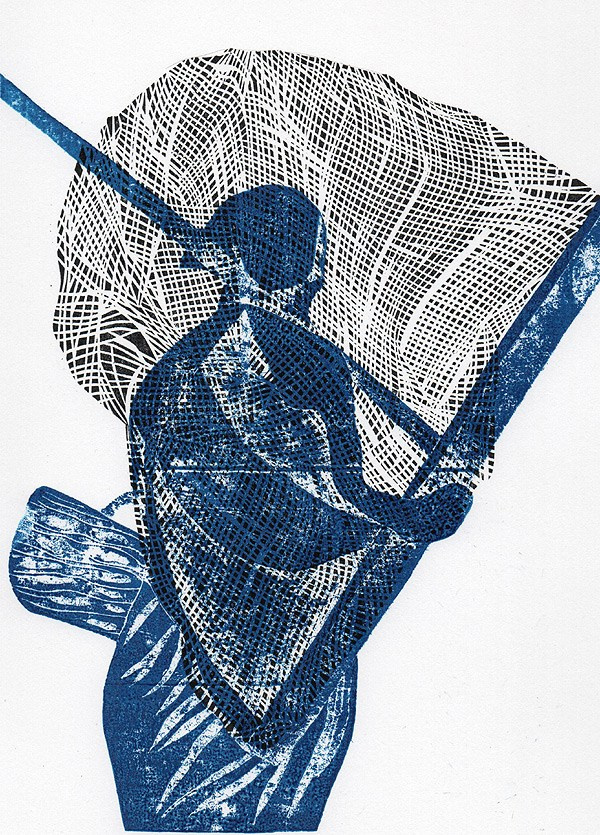 Авторская гравюра на тетрапаке Рыбачка с сетью, ручная печать на бумаге Ватман Гознак.