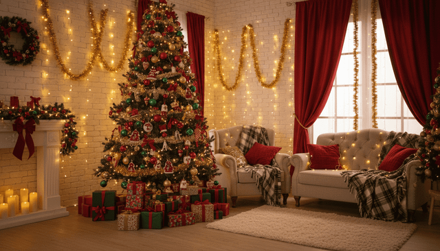 новогодняя фотосессия в уютной студии с гирляндами, камином и елкой — фотограф Карасёва Елена