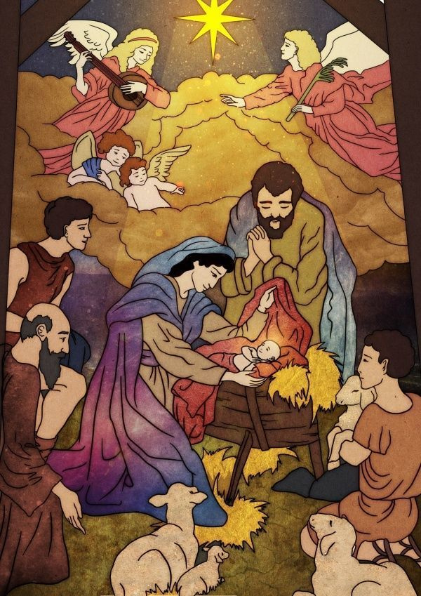 Яркая иллюстрация Рождественского вертепа с Марией, Иосифом, младенцем Иисусом и ангелами. Картина выполнена в стиле, напоминающем витраж или иконопись. Идеально для дизайна рождественских открыток, постеров на религиозную тематику, или как подарок верующему человеку. Заказать арт для церкви, обложку для книги, поздравительную открытку на Рождество.