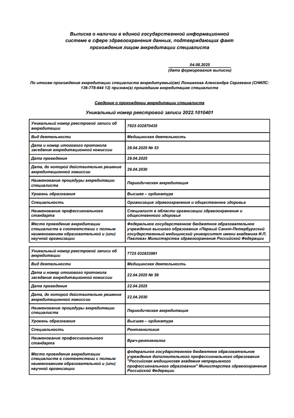 Документы об образовании. РЕНТГЕН КТ МРТ в Санкт-Петербурге Александра Лоншакова