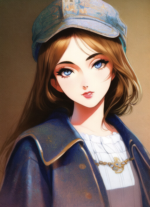 a painting of a woman wearing a blue hat, a character portrait art, detailed painting