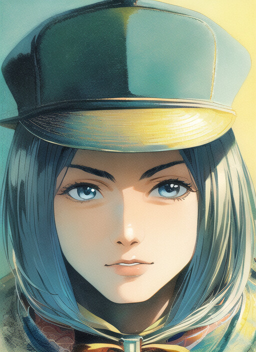 a woman with blue eyes wearing a hat, a character portrait art, anime 