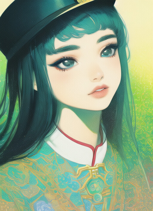 a woman with green hair wearing a hat, a digital painting, digital art, detailed painting, anime aesthetic
